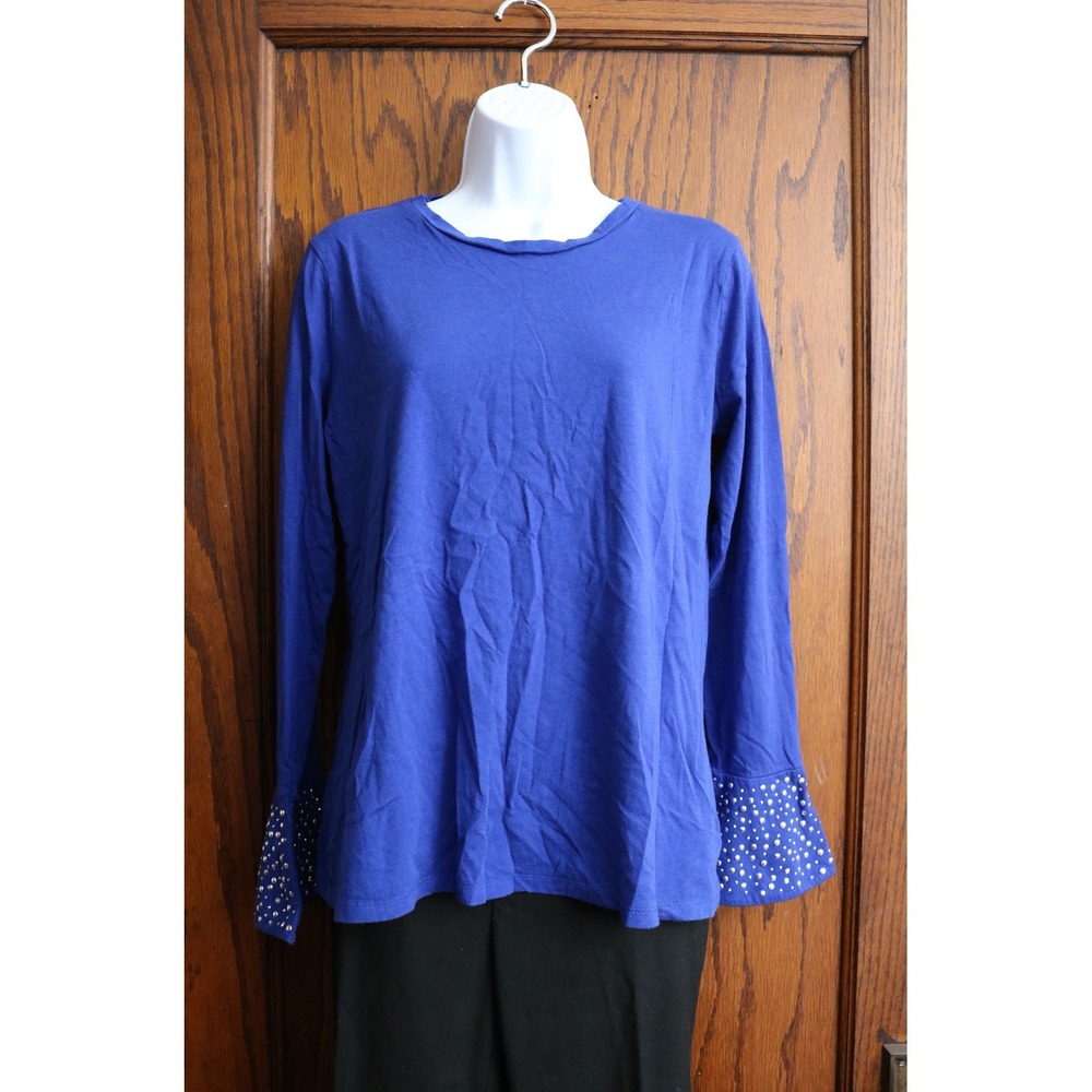MICHAEL KORS Top Women XL Studded Cuff Long Sleeve Blue Rhinestone Casual Shirt